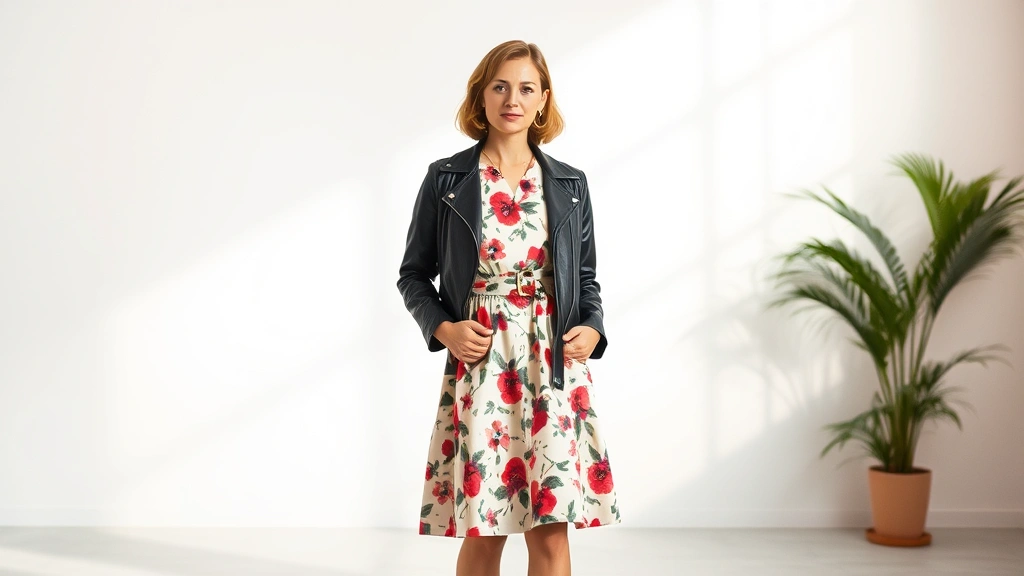 Woman modeling a vintage 1950s floral dress styled with a modern black leather motorcycle jacket, contemporary loafers, and minimalist gold jewelry, standing in a bright studio setting with soft natural light
