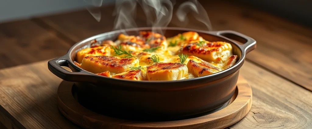 Golden-brown baked tuna casserole in ceramic dish, fresh dill garnish, steaming, rustic wooden table, natural lighting, minimalist plating style, professional food photography