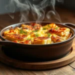 Golden-brown baked tuna casserole in ceramic dish, fresh dill garnish, steaming, rustic wooden table, natural lighting, minimalist plating style, professional food photography