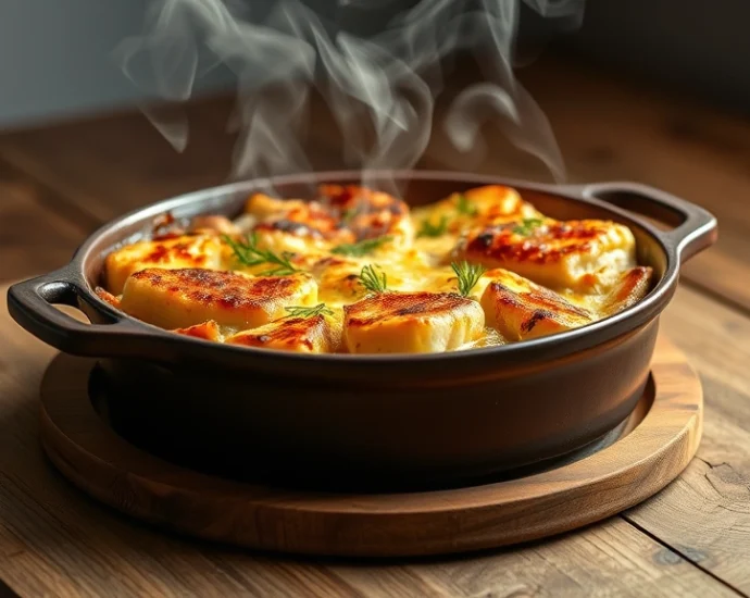 Golden-brown baked tuna casserole in ceramic dish, fresh dill garnish, steaming, rustic wooden table, natural lighting, minimalist plating style, professional food photography