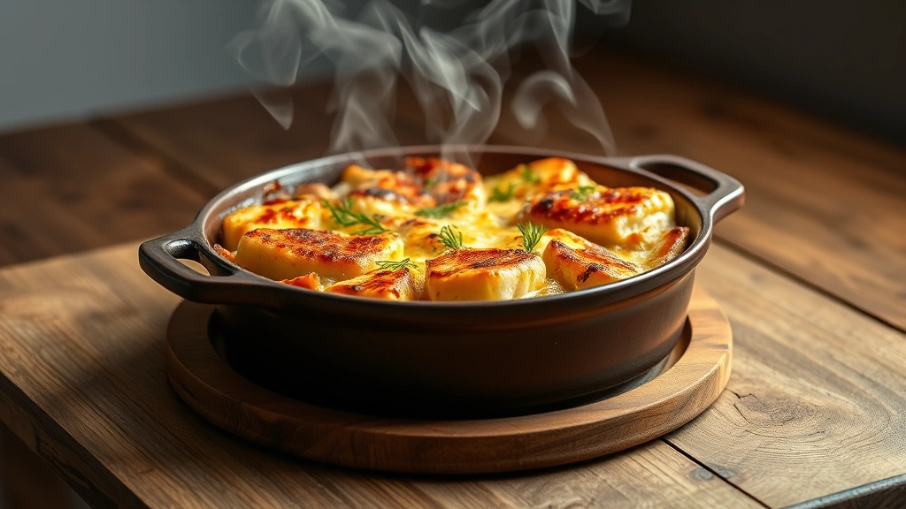 Golden-brown baked tuna casserole in ceramic dish, fresh dill garnish, steaming, rustic wooden table, natural lighting, minimalist plating style, professional food photography
