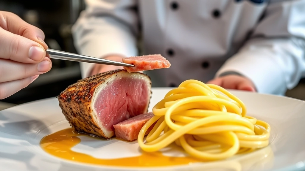 Chef plating deconstructed tuna casserole components with tweezers, seared tuna loin, house-made pasta, silky sauce, fine dining presentation, modern kitchen background, artistic arrangement