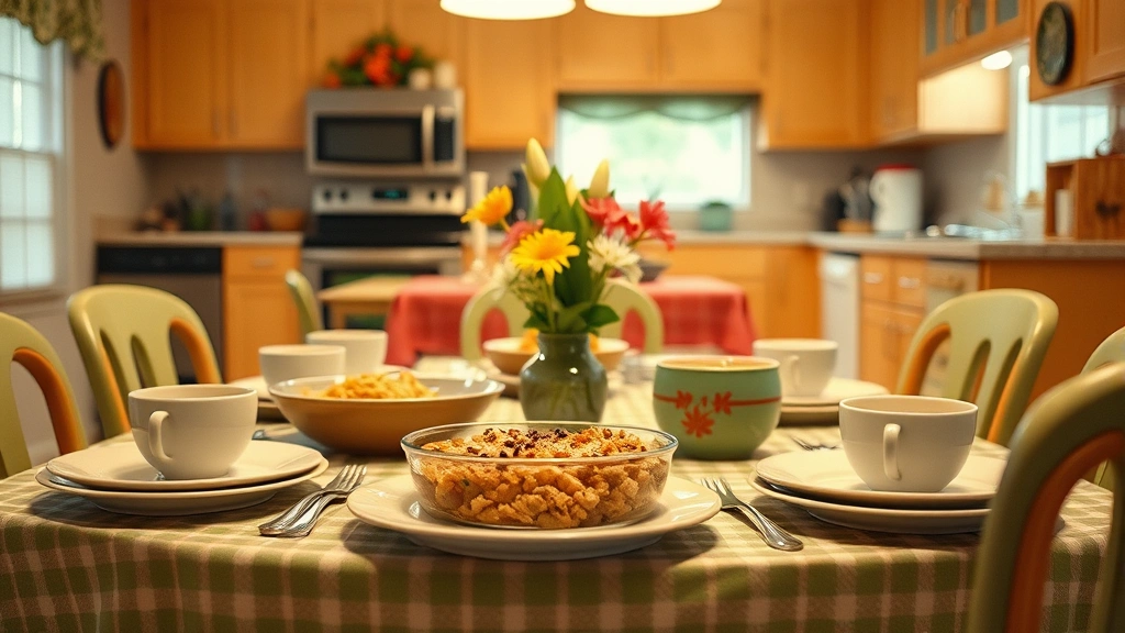 Mid-century vintage table setting with tuna casserole, retro dishware, fresh flowers, warm overhead lighting, nostalgic aesthetic, family-style dining presentation, cozy home kitchen ambiance