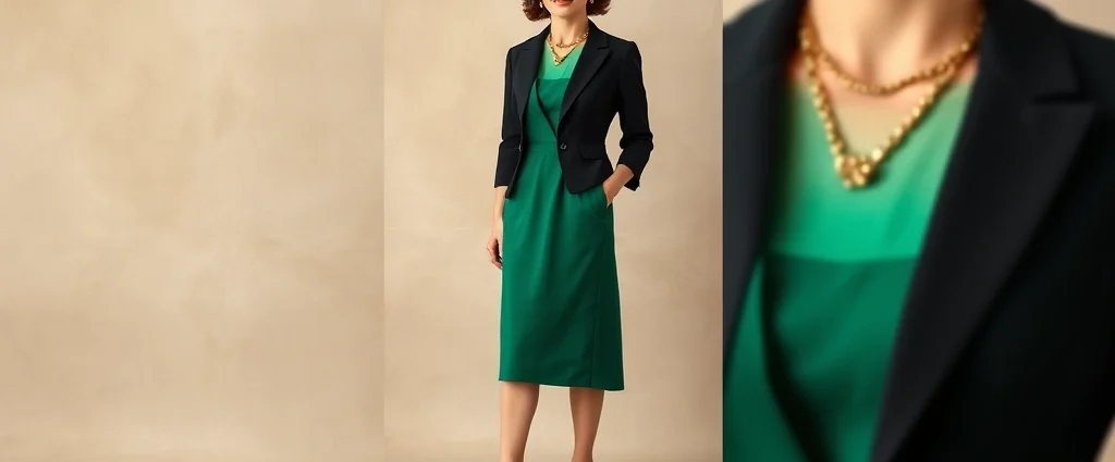 Woman wearing a 1950s emerald green vintage dress with fitted waist and full skirt, paired with modern black pointed-toe heels, minimalist gold necklace, and contemporary structured black blazer, standing against neutral backdrop