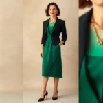 Woman wearing a 1950s emerald green vintage dress with fitted waist and full skirt, paired with modern black pointed-toe heels, minimalist gold necklace, and contemporary structured black blazer, standing against neutral backdrop