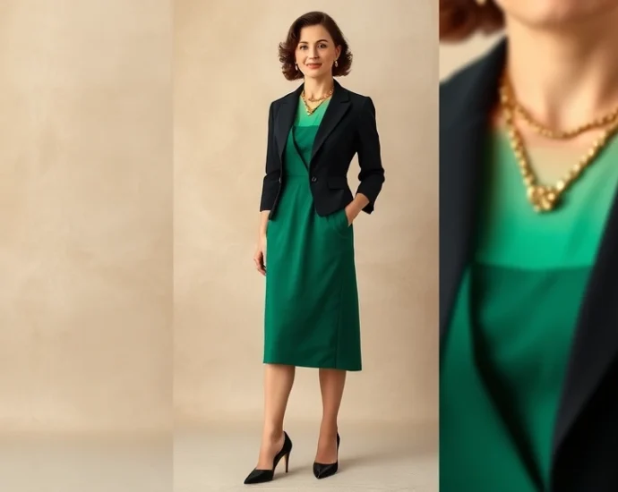 Woman wearing a 1950s emerald green vintage dress with fitted waist and full skirt, paired with modern black pointed-toe heels, minimalist gold necklace, and contemporary structured black blazer, standing against neutral backdrop