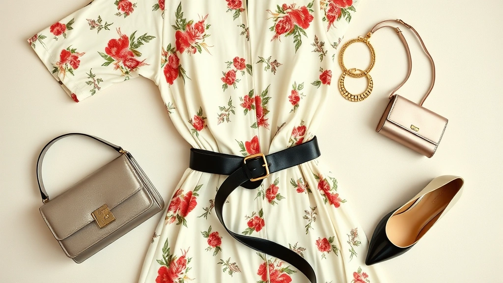Overhead flat lay of vintage dress styling elements: cream 1970s floral maxi dress, black leather modern belt, contemporary metallic handbag, sleek gold jewelry pieces, and pointed-toe pump shoes arranged artfully on light surface