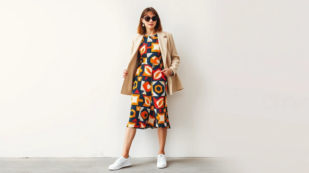 Fashion-forward woman in 1960s mod vintage dress with geometric print, styled with modern white sneakers, oversized contemporary blazer, and minimal accessories, creating fresh vintage-modern fusion aesthetic