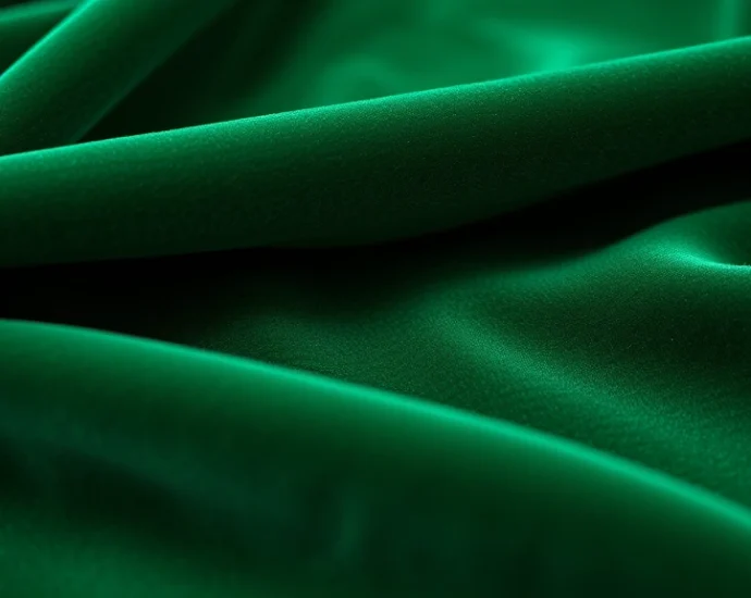 Close-up of luxurious velvet fabric in deep emerald green with rich texture and sheen, natural lighting highlighting fabric depth and quality, photorealistic detail