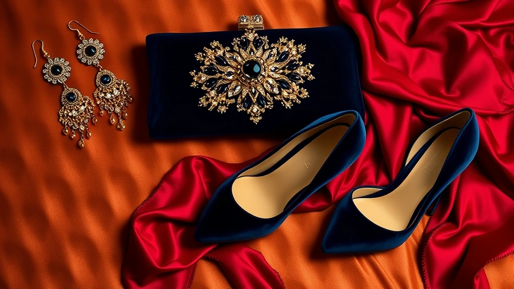 Styled flat lay composition featuring opium fashion elements: gold chandelier earrings, beaded evening clutch, velvet heels in sapphire blue, silk scarf in ruby red, arranged on luxurious surface with warm lighting