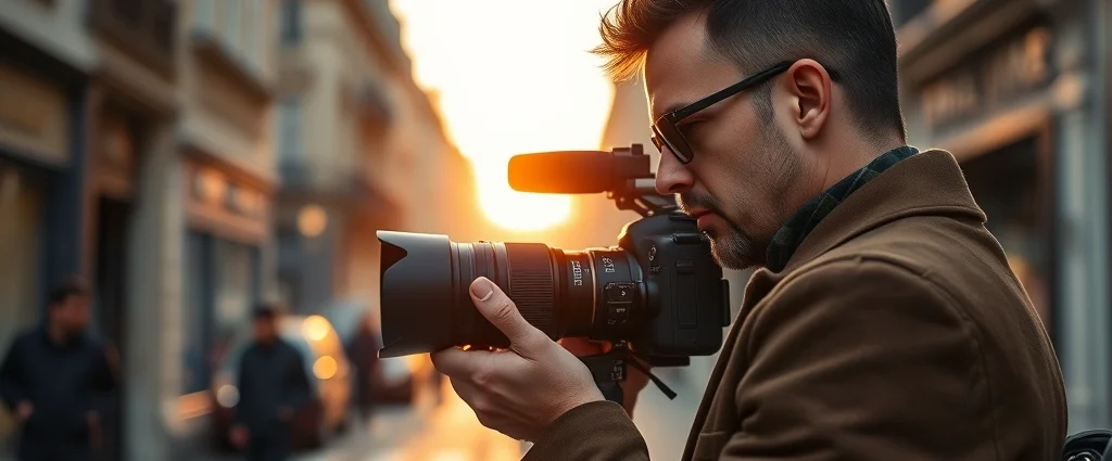 Professional fashion photographer adjusting camera settings on Paris street, Parisian architecture blurred background, golden hour light, sophisticated aesthetic, editorial style