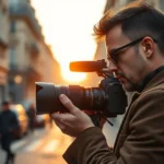 Professional fashion photographer adjusting camera settings on Paris street, Parisian architecture blurred background, golden hour light, sophisticated aesthetic, editorial style