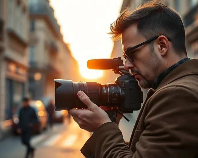 Professional fashion photographer adjusting camera settings on Paris street, Parisian architecture blurred background, golden hour light, sophisticated aesthetic, editorial style