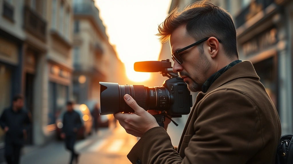 Professional fashion photographer adjusting camera settings on Paris street, Parisian architecture blurred background, golden hour light, sophisticated aesthetic, editorial style