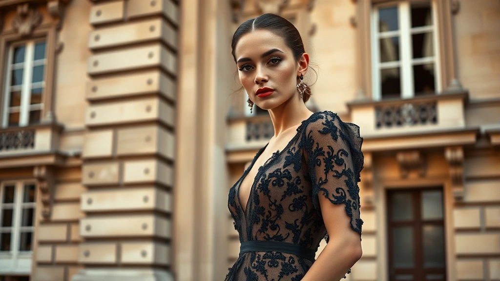 Model wearing elegant haute couture dress posed against historic Parisian building facade, natural window light illuminating face, refined makeup, luxury fashion editorial composition