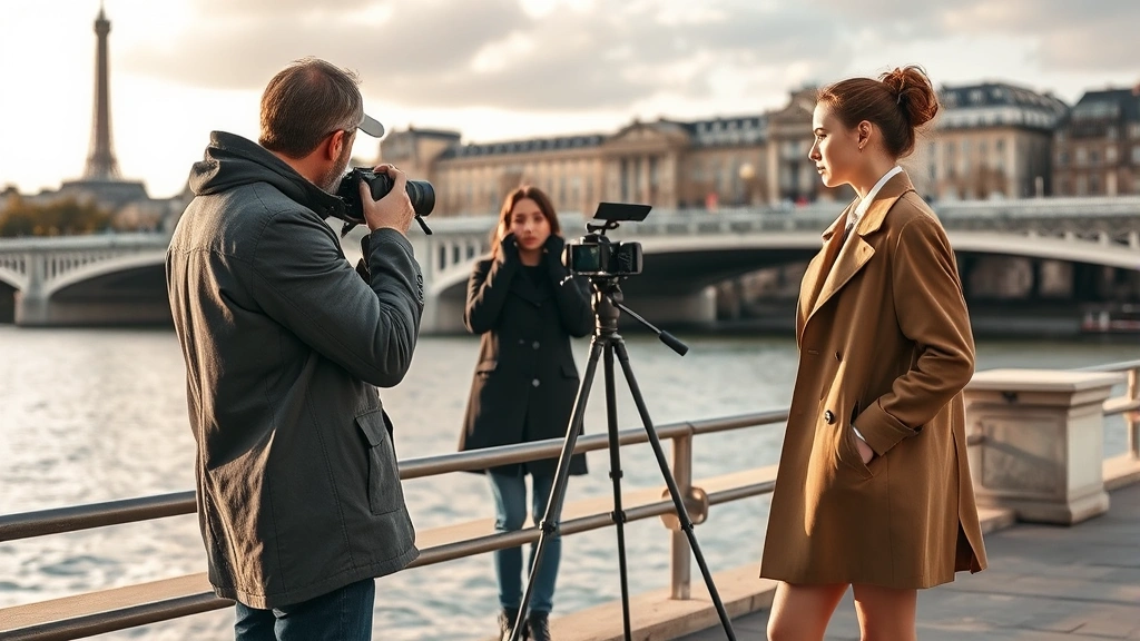 Fashion photographer directing model near Seine riverbank, Parisian bridge architecture background, collaborative creative moment, professional studio setup in urban environment, warm natural lighting