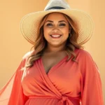 Confident plus-size woman wearing flowing coral wrap dress and wide-brimmed straw hat, standing in bright sunlight with relaxed, radiant expression