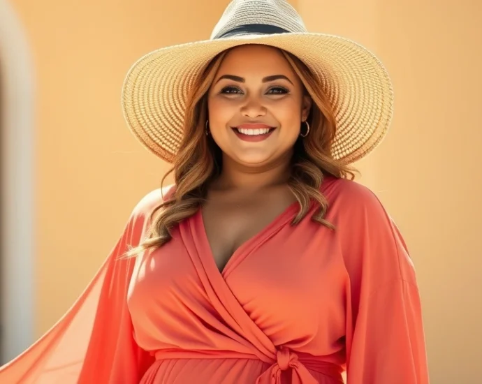 Confident plus-size woman wearing flowing coral wrap dress and wide-brimmed straw hat, standing in bright sunlight with relaxed, radiant expression