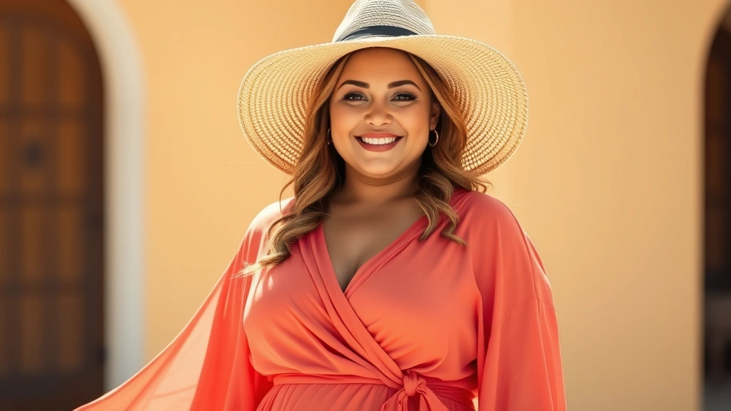 Confident plus-size woman wearing flowing coral wrap dress and wide-brimmed straw hat, standing in bright sunlight with relaxed, radiant expression