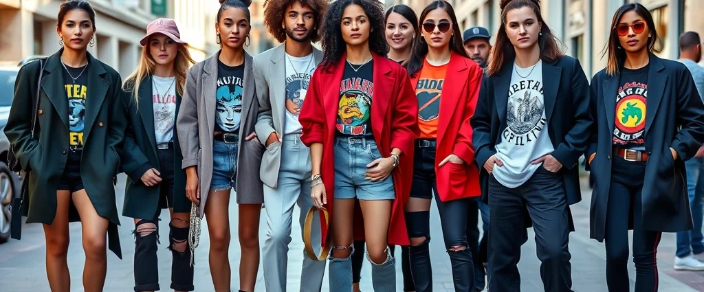 A diverse group of fashion-forward individuals wearing contemporary pop culture-inspired outfits on a city street, featuring oversized blazers, vintage band tees, and statement accessories, natural lighting, candid poses