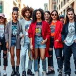 A diverse group of fashion-forward individuals wearing contemporary pop culture-inspired outfits on a city street, featuring oversized blazers, vintage band tees, and statement accessories, natural lighting, candid poses