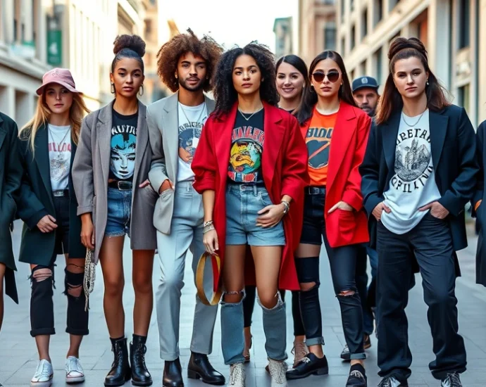 A diverse group of fashion-forward individuals wearing contemporary pop culture-inspired outfits on a city street, featuring oversized blazers, vintage band tees, and statement accessories, natural lighting, candid poses