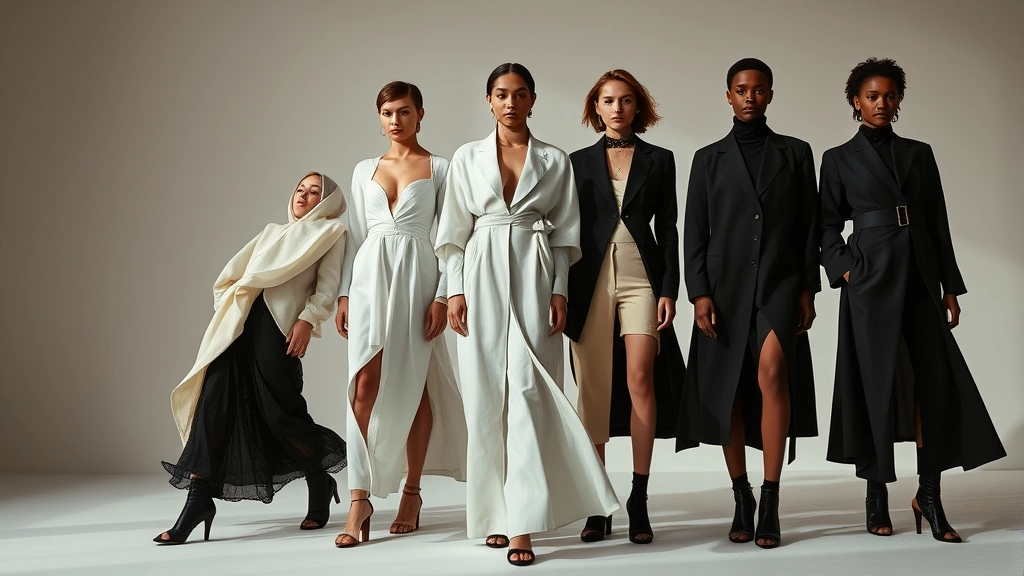 A high-fashion editorial shot of gender-neutral styling with models in flowing silhouettes and androgynous designs, minimalist aesthetic with dramatic lighting, showcasing inclusive fashion representation
