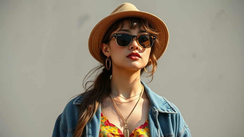 A stylish influencer wearing a curated mix of thrifted vintage pieces and contemporary sustainable fashion, posed in natural sunlight, embodying eco-conscious pop culture fashion sensibility