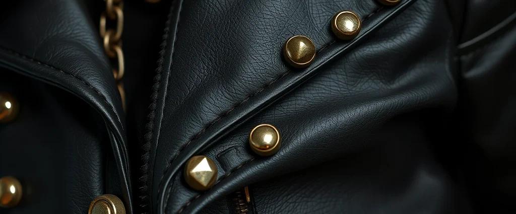 Close-up of black studded leather jacket with metal studs and chains, worn vintage texture, dramatic lighting highlighting details, photorealistic fashion photography