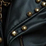 Close-up of black studded leather jacket with metal studs and chains, worn vintage texture, dramatic lighting highlighting details, photorealistic fashion photography