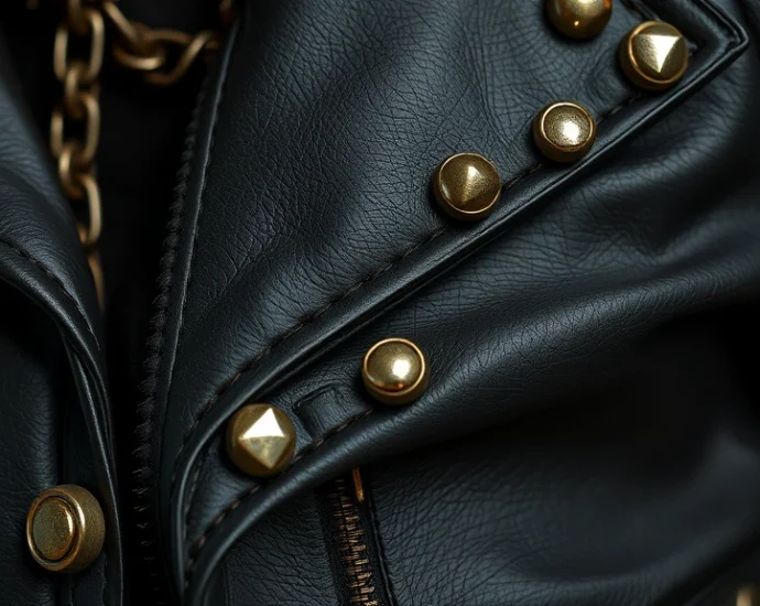 Close-up of black studded leather jacket with metal studs and chains, worn vintage texture, dramatic lighting highlighting details, photorealistic fashion photography