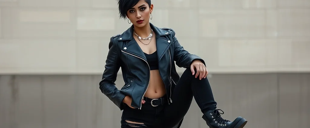Professional fashion photography of a person wearing classic punk outfit: black leather jacket with metal studs, distressed black jeans with strategic rips, heavy black combat boots, dramatic black eyeliner makeup, short spiky jet-black hair with asymmetrical cut, silver chain accessories, standing against neutral urban backdrop, natural studio lighting, confident pose