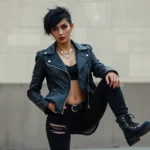 Professional fashion photography of a person wearing classic punk outfit: black leather jacket with metal studs, distressed black jeans with strategic rips, heavy black combat boots, dramatic black eyeliner makeup, short spiky jet-black hair with asymmetrical cut, silver chain accessories, standing against neutral urban backdrop, natural studio lighting, confident pose