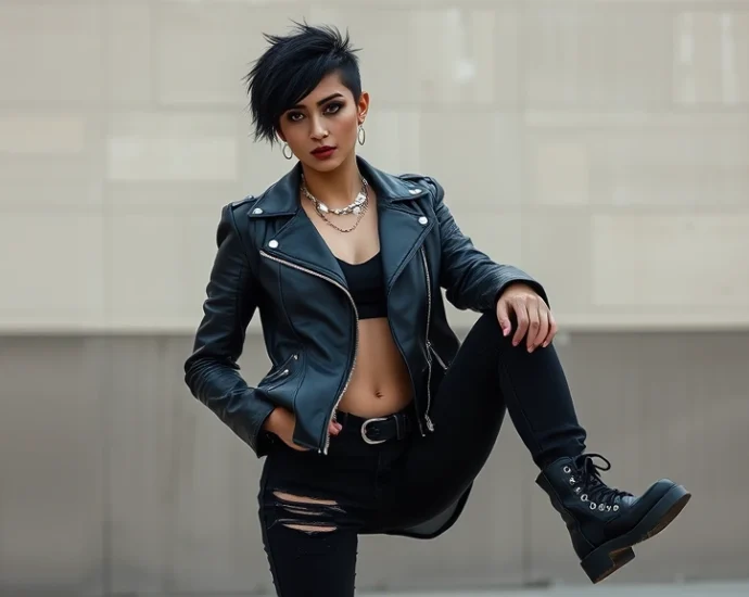 Professional fashion photography of a person wearing classic punk outfit: black leather jacket with metal studs, distressed black jeans with strategic rips, heavy black combat boots, dramatic black eyeliner makeup, short spiky jet-black hair with asymmetrical cut, silver chain accessories, standing against neutral urban backdrop, natural studio lighting, confident pose