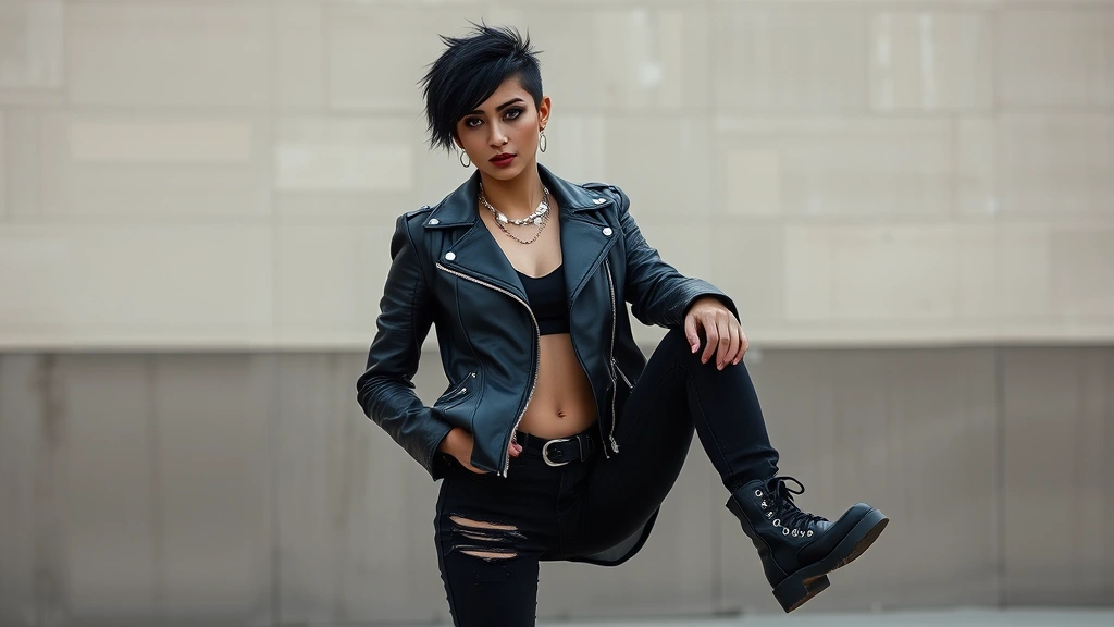 Professional fashion photography of a person wearing classic punk outfit: black leather jacket with metal studs, distressed black jeans with strategic rips, heavy black combat boots, dramatic black eyeliner makeup, short spiky jet-black hair with asymmetrical cut, silver chain accessories, standing against neutral urban backdrop, natural studio lighting, confident pose