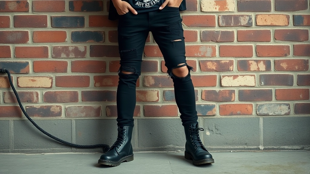 Young person wearing distressed black jeans, band t-shirt, and Doc Martens combat boots, standing against urban brick wall, confident rebellious pose, professional fashion photography