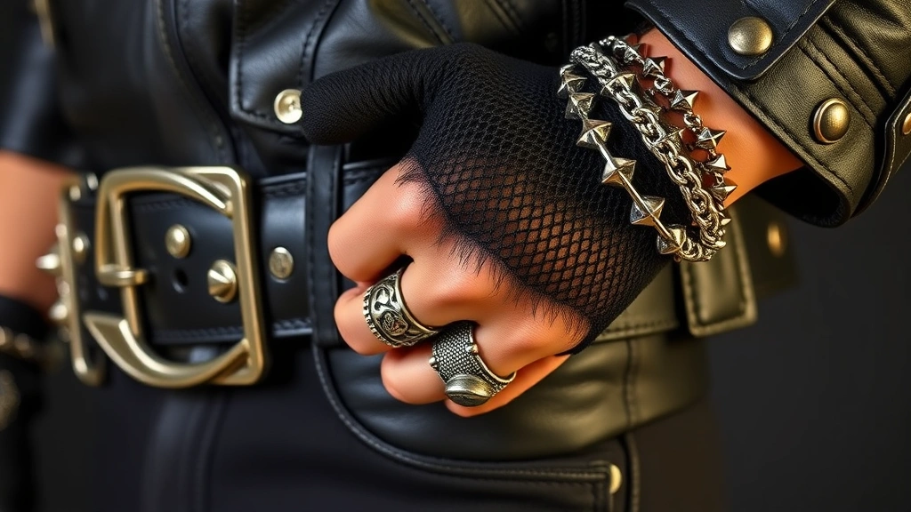 Detailed close-up fashion photography of punk styling elements: studded black leather belt with large metal buckle, chain wallet, spiked bracelets on wrist, black mesh gloves, chunky silver rings, leather jacket sleeve with metal hardware and zippers visible, professional product-style lighting