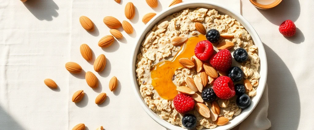 Overhead flat lay of a minimalist oatmeal bowl with white ceramic dish, scattered almonds, fresh berries, and honey drizzle on neutral linen background, natural morning light, soft shadows, photorealistic styling