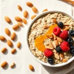 Overhead flat lay of a minimalist oatmeal bowl with white ceramic dish, scattered almonds, fresh berries, and honey drizzle on neutral linen background, natural morning light, soft shadows, photorealistic styling