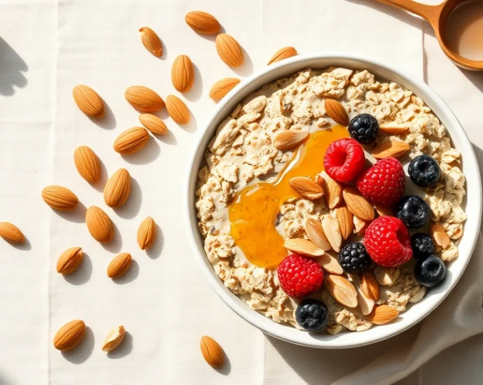 Overhead flat lay of a minimalist oatmeal bowl with white ceramic dish, scattered almonds, fresh berries, and honey drizzle on neutral linen background, natural morning light, soft shadows, photorealistic styling