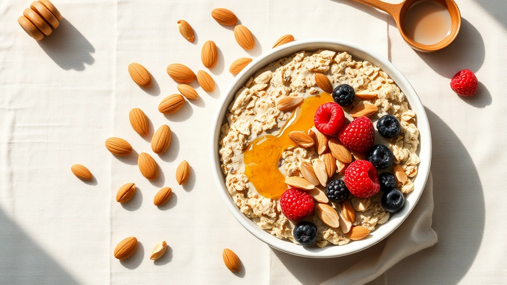 Overhead flat lay of a minimalist oatmeal bowl with white ceramic dish, scattered almonds, fresh berries, and honey drizzle on neutral linen background, natural morning light, soft shadows, photorealistic styling