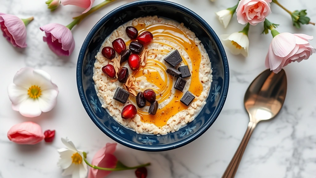 Luxurious breakfast moment featuring deep navy ceramic bowl with layered oatmeal, pomegranate seeds, dark chocolate shavings, gold honey drizzle, surrounded by fresh flowers and vintage silver spoon on marble surface