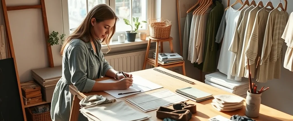 Sustainable fashion designer sketching ethical clothing collection at wooden studio desk with organic fabric swatches, natural light streaming through windows, minimalist aesthetic