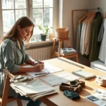 Sustainable fashion designer sketching ethical clothing collection at wooden studio desk with organic fabric swatches, natural light streaming through windows, minimalist aesthetic