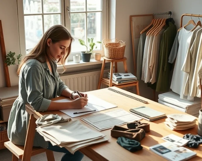 Sustainable fashion designer sketching ethical clothing collection at wooden studio desk with organic fabric swatches, natural light streaming through windows, minimalist aesthetic