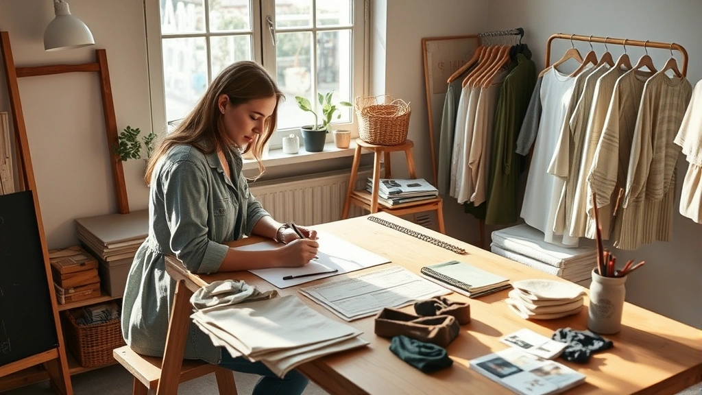 Sustainable fashion designer sketching ethical clothing collection at wooden studio desk with organic fabric swatches, natural light streaming through windows, minimalist aesthetic