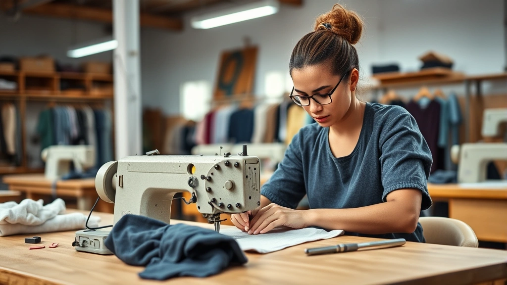Artisan seamstress carefully hand-stitching fair-trade clothing in well-lit ethical factory, focused expression, quality craftsmanship, wooden workbench with tools
