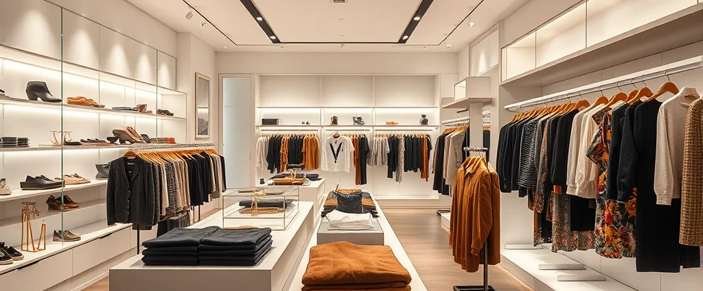 Luxury boutique interior with curated designer clothing displays, soft lighting, elegant fixtures, modern minimalist aesthetic, fashion-forward merchandise arranged on white shelves and clothing racks