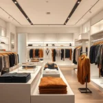 Luxury boutique interior with curated designer clothing displays, soft lighting, elegant fixtures, modern minimalist aesthetic, fashion-forward merchandise arranged on white shelves and clothing racks