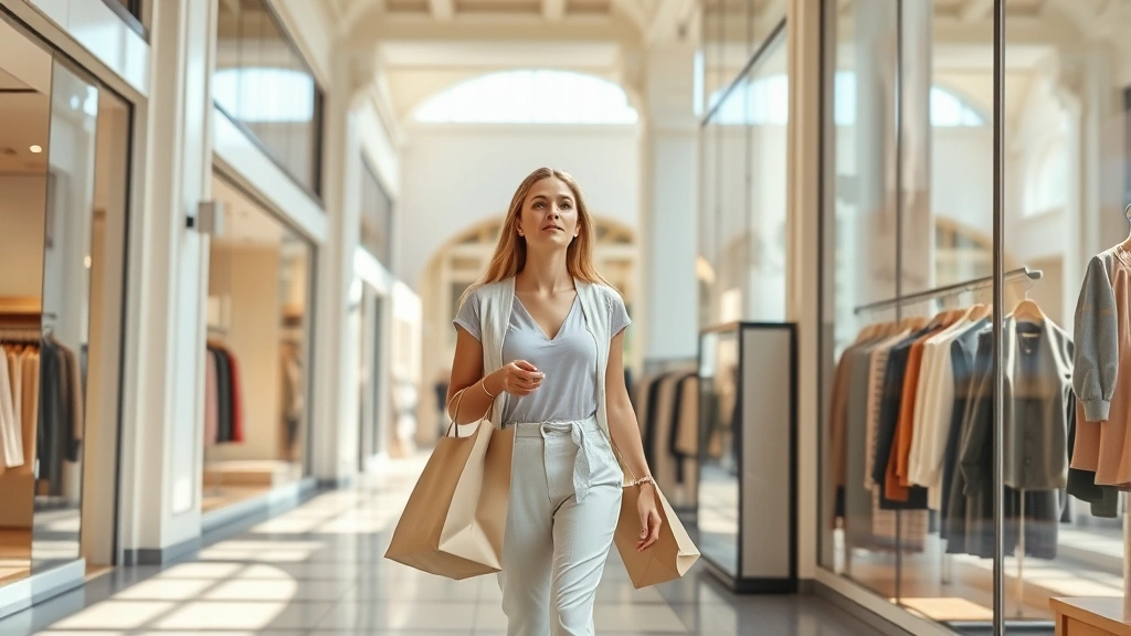 Woman shopping at upscale fashion center wearing neutral linen outfit, holding shopping bags, browsing storefront displays, natural sunlight, contemporary retail environment with architectural details